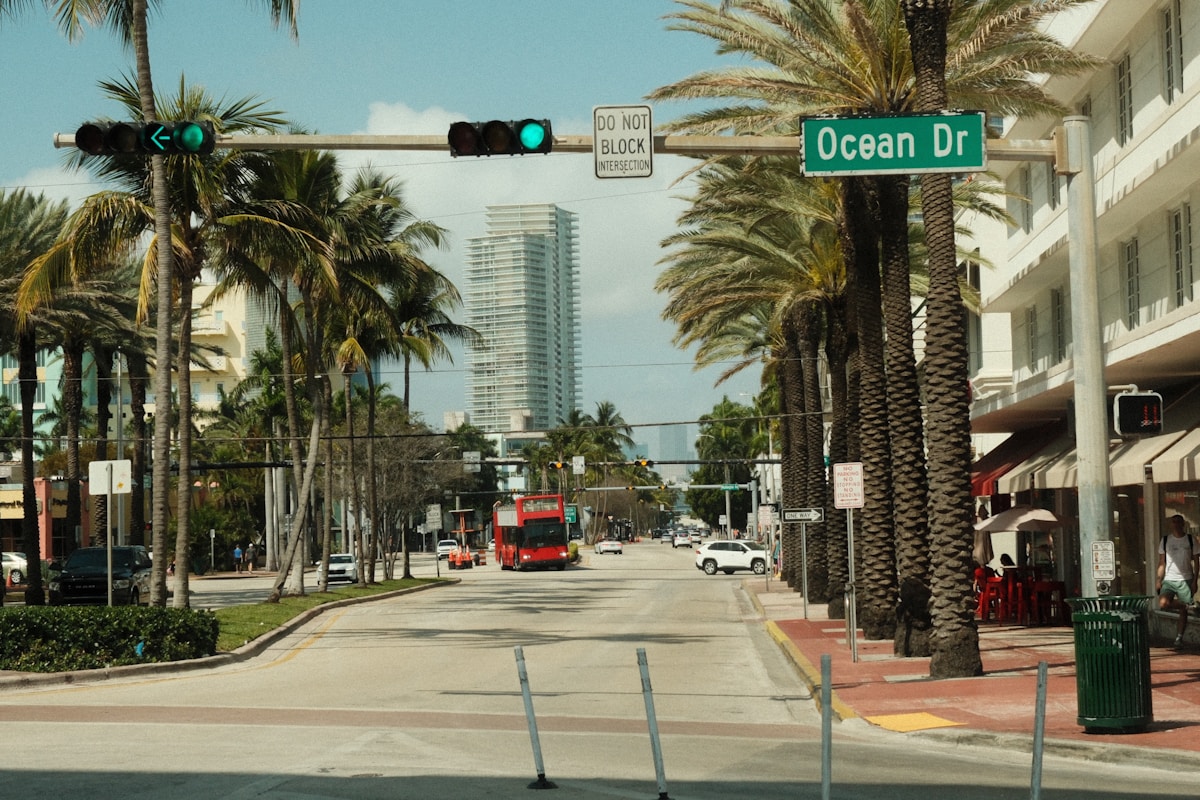 Ocean Drive in South Beach Miami with Art Deco buildings and palm trees