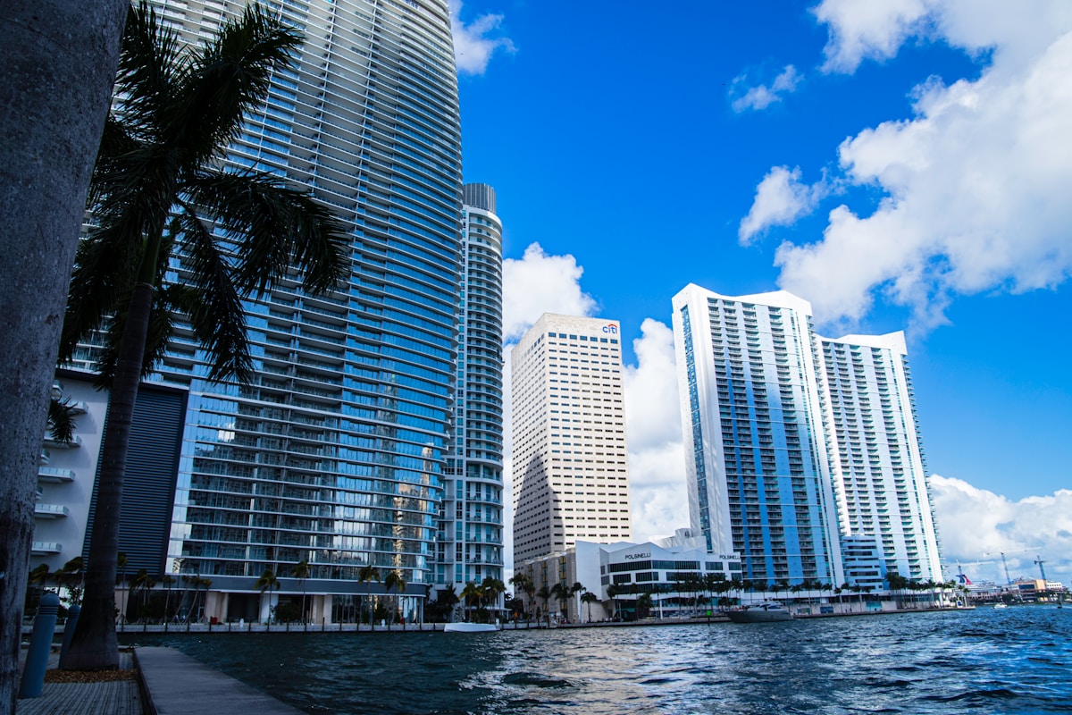 Miami skyline view over Biscayne Bay on a sunny day with downtown high-rises