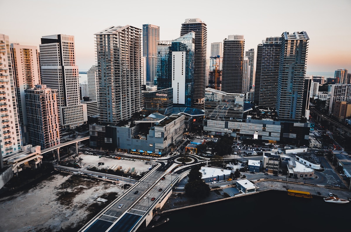 Aerial view of Miami cityscape with ocean and downtown skyline